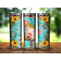 American Yorkshire Pig Tumbler,Pig Tumbler Png Sublimation Design, 20oz Skinny Tumbler Png, Sunflowers And Gemstone Pigs