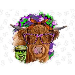 Highland Cow With Bandana And Glasses Png Sublimation Design,Animals Highland Cow Png,Highland Cow With Bandana And Glas