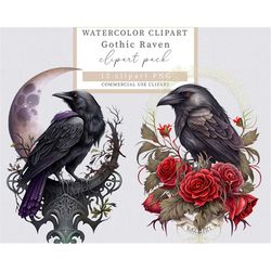 Raven clip art, Halloween clip art, Gothic clip art, Gothic raven clip art, Watercolor raven clip art
