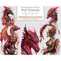 Red dragons watercolor clipart, Watercolor dragon clipart, Dragon clipart, Gothic Red Dragon png, Red dragon clipart