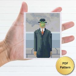 The son of Man by Rene Magritte Cross Stitch Pattern. Miniature Art, Easy Tiny