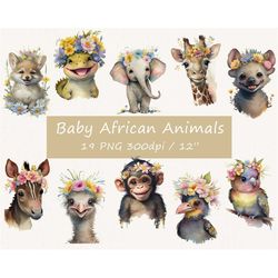 Watercolor Baby African Animals bundle clipart, Animals clipart, Watercolor baby animals png, Watercolor baby animals cl