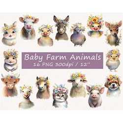 baby farm animals png, animals with flowers png, watercolor animals png, sublimation, baby animals png, animals bundle p