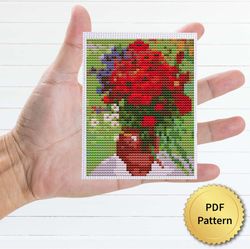 Red Poppies and Daisies by Vincent Van Gogh Cross Stitch Pattern. Miniature Art, Easy Tiny
