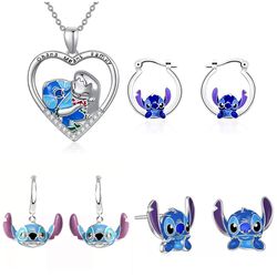 Disney Cartoon Heart Stitch Necklace Earrings Silver Plated Pendant Inspired Gifts Ohana Family Jewelry