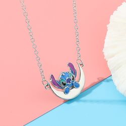 Cartoon Stitch Moon Pendant Necklace Silver Color Crescent Half Moon Pendant Inspired Gifts Ohana Family Jewelry