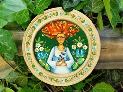 Red Hair Girl wooden plate, Ukrainian plate, Painting with butterflies, Fantasy girl, Girl with Flowers, Folk art painti