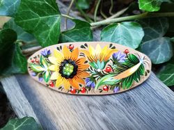Sunflowers flowers, Hand Painted hair Barrette, Wooden Hair Clip, For Woman, French Barrette, Handmade, Petrykivka Gift,