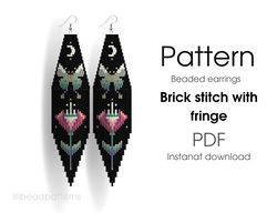 Moth Beaded earrings PATTERN for brick stitch with fringe - Night sky, moth, moon, witch - Instant download