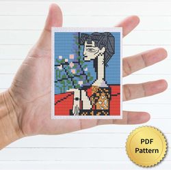 Jacqueline with flowers by Pablo Picasso Cross Stitch Pattern. Miniature Art, Easy Tiny