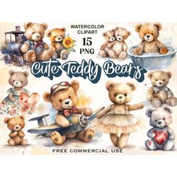 Cute teddy bear clipart, Watercolor funny toy png images, Plush bears printable art bundle, Free commercial use