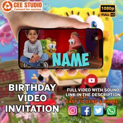 SpongeBob Animated Video Invitation with Music, SpongeBob Party Birthday Video Invitation, SpongeBob theme Invitation
