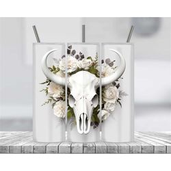 6 Files 3D White Cow Skull Floral Sublimation Tumbler Design Download PNG, 20 Oz Digital Tumbler Wrap PNG Download