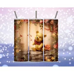 3D Bear Cartoon Flowers Floral Sublimation Tumbler Design Download PNG, 20 Oz Digital Tumbler Wrap PNG Download