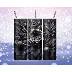 3D Blacks Flowers Sublimation Tumbler Design Download PNG, 20 Oz Digital Tumbler Wrap PNG Download