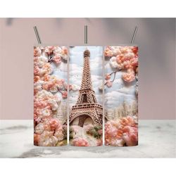 3D Eiffel Tower Embroidered Floral Sublimation Tumbler Design Download PNG, Embroidery 20 Oz Digital Tumbler Wrap PNG Do