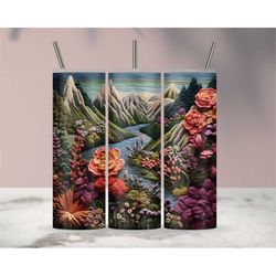 3 Files 3D Moutain Landscape Embroidered Floral Sublimation Tumbler Design Download PNG, Embroidery 20 Oz Digital Tumble