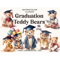 Teddy bear graduation clipart, School kids watercolor images bundle, Plush bears printable artwork, Free commercial use