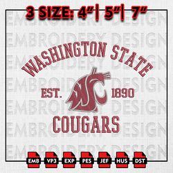 NCAA Washington State Cougars Embroidery files, NCAA Embroidery Designs, Washington State Machine Embroidery Pattern