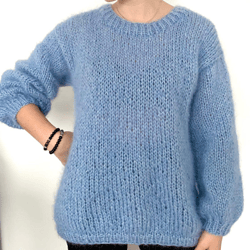 Women's blue mohair sweater, slouchy pullover, light blue fluffy jumper, chunky women's sweater, ladies vintage pullover