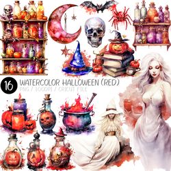 Watercolor Red Halloween PNG | White Hair Witch, Skull, Potion, Moon, Spider, Medicine Cabinet, Witch Hat, Bat