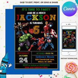 Avengers Invitation, Avenger Birthday Party, Printable Birthday Invite, Superhero, Superheroes, Editable Canva