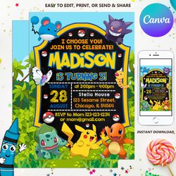 Pokemon Birthday Invitation, Pokemon Party Invitation, Pokemon Card, Digital File, Instant Download