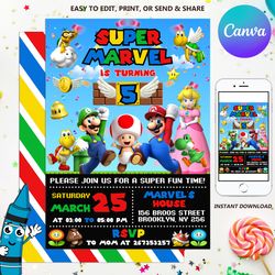 Super Mario Invitation, Super Mario Birthday Card, Super Mario Birthday Invitation, Editable Super Mario Bros Party
