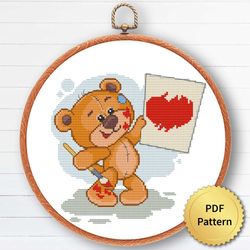 cute baby pull bear cross stitch pattern. valentine's day gift