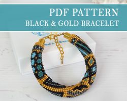 Black Gold geometric PDF pattern bracelet, Jewelry making DIY pattern, Seed bead crochet Patchwork bracelet pattern