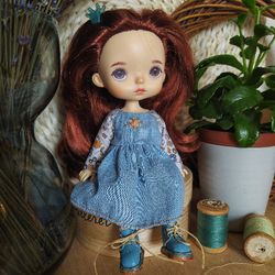 Denim dress for little helper. For 9-10 inch dolls Monst Xaiomi, Holola, Blythe.  Clothes and accessories for dolls