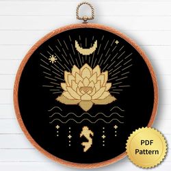 Mystic Magic Flower Lotus Cross Stitch Pattern. Modern Gothic Cross Stitch. Mystical Magic Witch Theme Cottagecore Decor