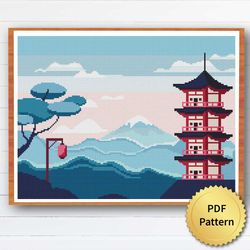 SUPER EASY Japan Cross Stitch Pattern. Nature, Landscape, Minimalism, Mountain Boho Patterns for Beginners