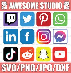 Social Media Network Icons 12 Logos SVG| Facebook | Messanger | Instagram | Pinterest | Twitch | YouTube | Twitter