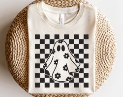 Checkered daisy ghost shirt, Floral ghost outline shirt, Checkered Halloween shirt shirt, Ghost with flowers sublimation