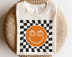 Checkered pattern happy face with pumpkin shirt, Retro happy face shirt, Fall pumpkin shirt, Autumn shirt shirt, Fall vi