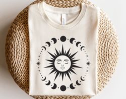 Celestial sun and moon shirt, Moon phases shirt, Vintage sun shirt, Crescent moon shirt, Mystical moon and stars shirt,