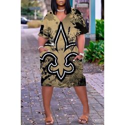 Women's New Orleans Saints Printed V-neck Casual Pocket Dress