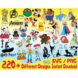 220 SVG PNG Bundle Instant Download for Cricut or Silhouette Stitch MickeyMinnie Moana Bambi StarWars Tinkerbell Ariel C
