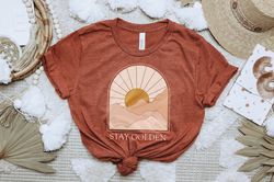 Stay Golden Boho Graphic T-shirt for Women , Minimalist, Neutral Landscape, Adventure, Sun , Abstract Mountain and Sun ,