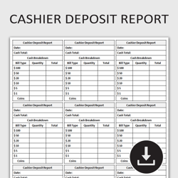 Printable Cashier Deposit Report, Daily Cash Log, Cashier's Record Keeping, Money Management Tracker, Editable Template