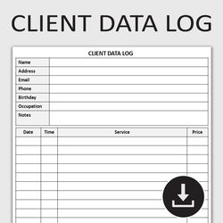 Printable Client Data Log, Business Tracker, Customer Information Organizer, Contact Management Template