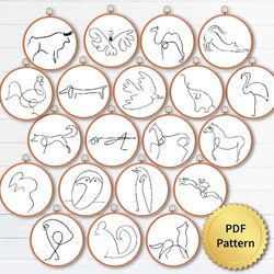 SET of 20 Picasso One Line Drawings Cross Stitch Pattern, Animal Sketches, Easy Minimalist for Beginners