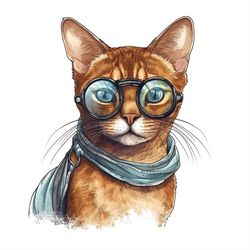 Abyssinian cat PNG sublimation design -Abyssinian cat wearing a nerd glass instant digital downloads