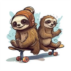 Sloths PNG sublimation design -Sloths riding a skateboard instant digital downloads