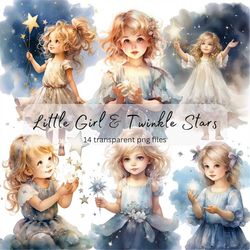 Little Girl Twinkle Stars Watercolor Clipart Bundle, Transparent PNG, Digital Download, Card Making, Raining day Illustr