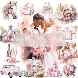 Pink Wedding Day Clipart Bundle Watercolor, Transparent PNG, Bride Groom Clipart, Digital Download, Scrapbooking Junk Jo