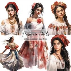 Hispanic Girls Watercolor Clipart Bundle, Transparent PNG, Digital Download, Junk Journal Scrapbooking, Pretty Girl Clip