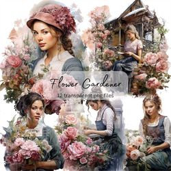 Flower Gardener Watercolor Clipart Bundle, Transparent PNG, Digital Download, Junk Journal Scrapbooking, Pretty Girl Cli
