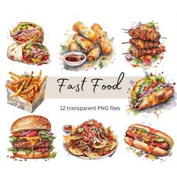 Fast Food Clipart Bundle, Transparent PNG, Digital Download, Watercolor Food Clipart, Card Making, Junk Journal scrapboo